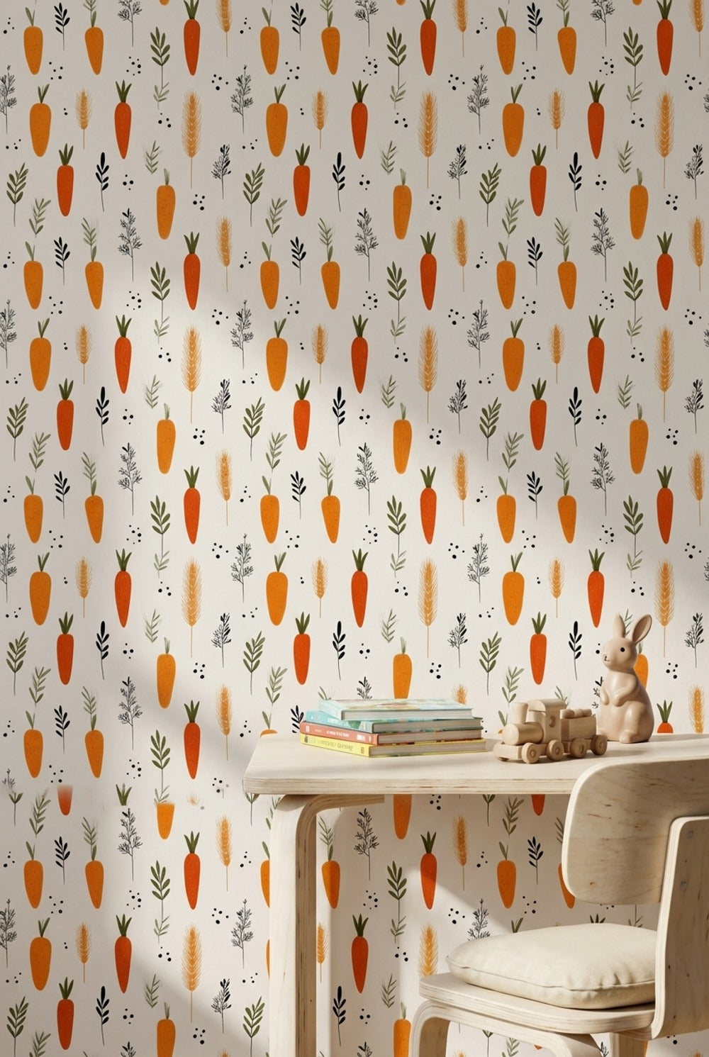 Bright Orange Carrot and Herb Pattern Wallpaper
