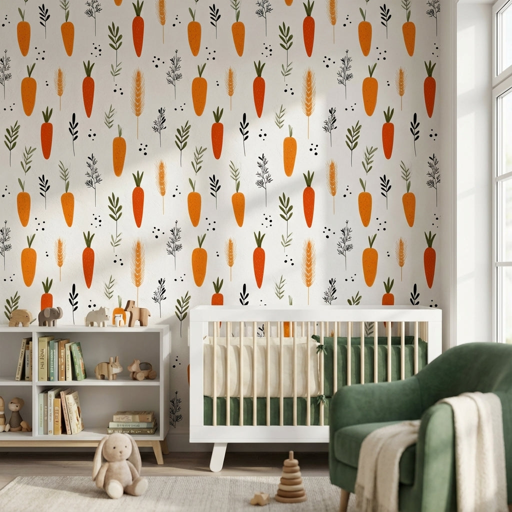 Bright Orange Carrot and Herb Pattern Wallpaper