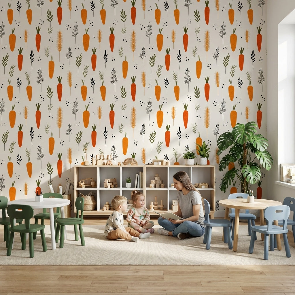 Bright Orange Carrot and Herb Pattern Wallpaper