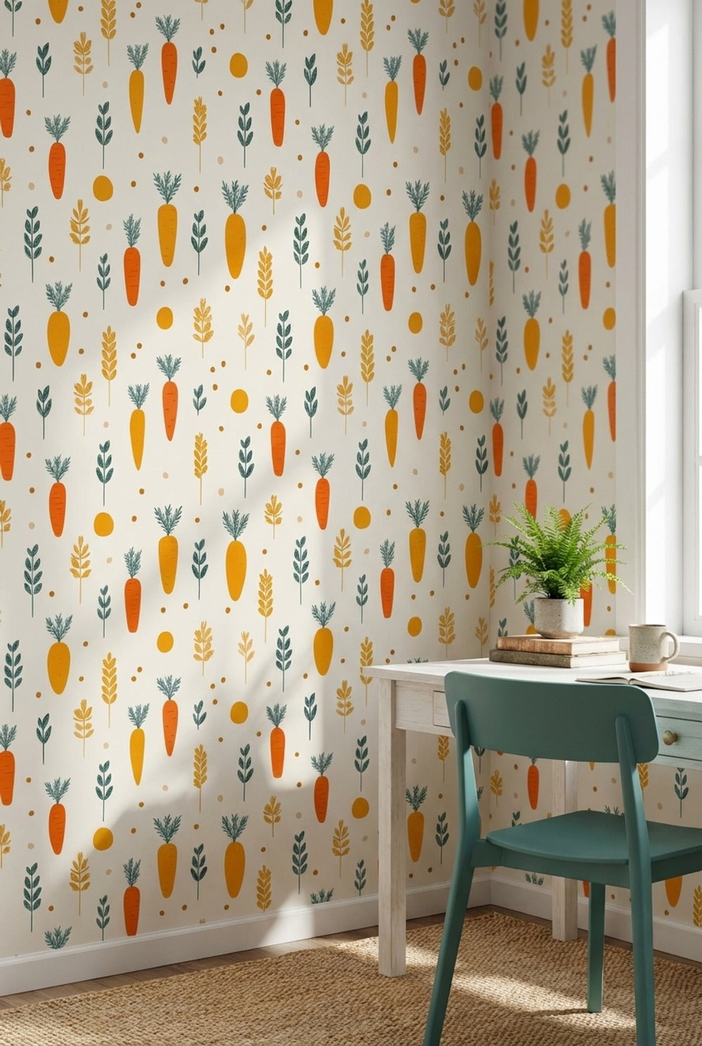 Cream and Orange Carrot Pattern Kids Wallpaper