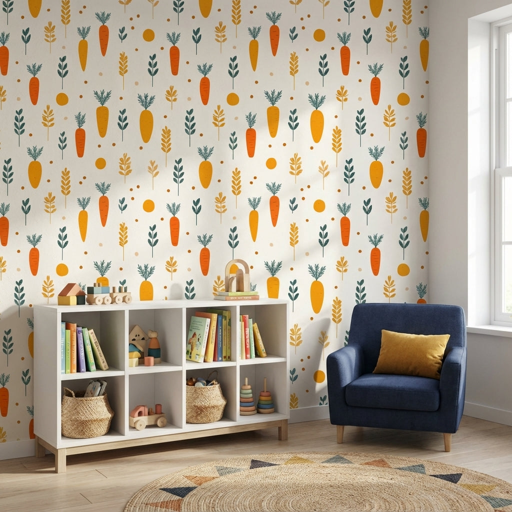 Cream and Orange Carrot Pattern Kids Wallpaper
