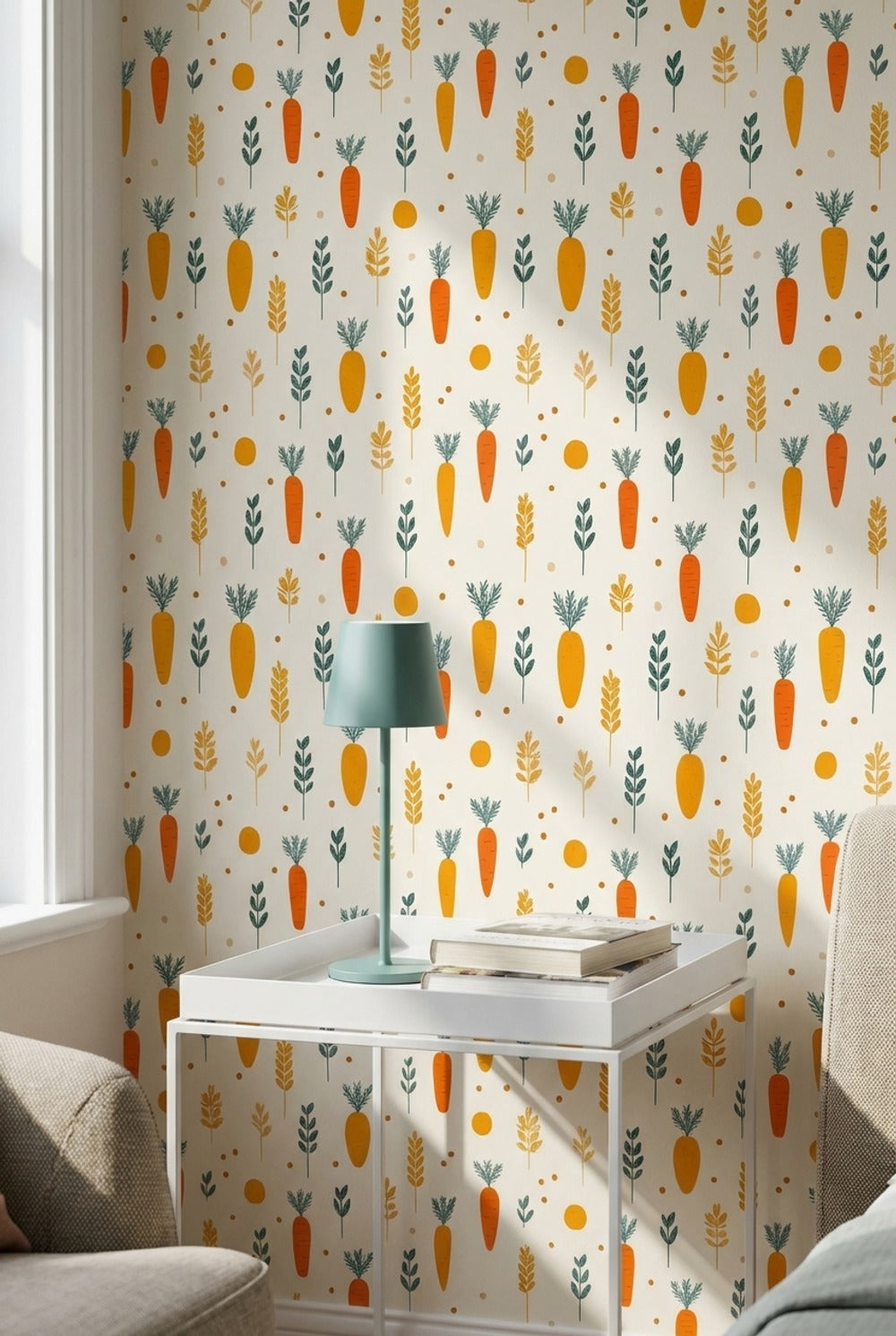 Cream and Orange Carrot Pattern Kids Wallpaper