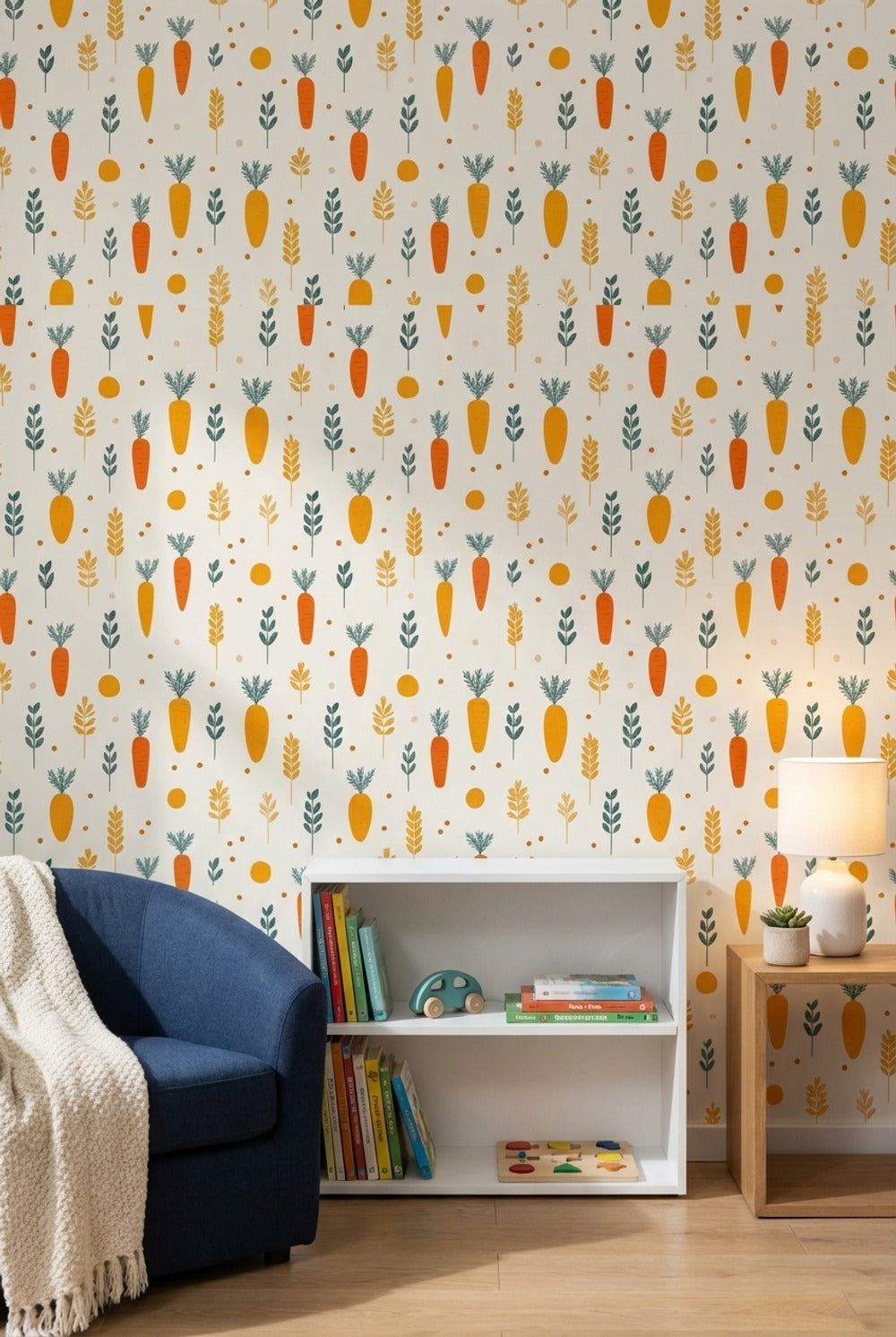 Cream and Orange Carrot Pattern Kids Wallpaper
