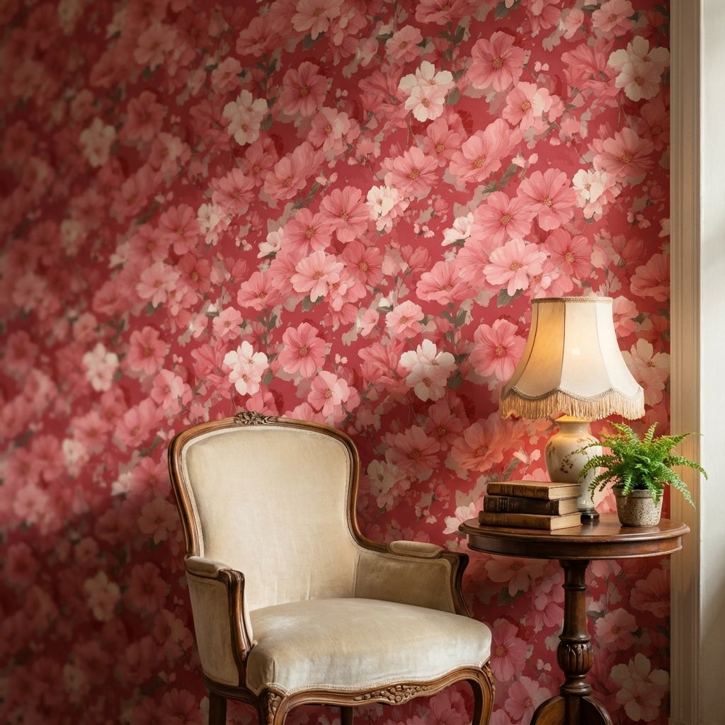 Vibrant Red Cherry Blossom Floral Wallpaper