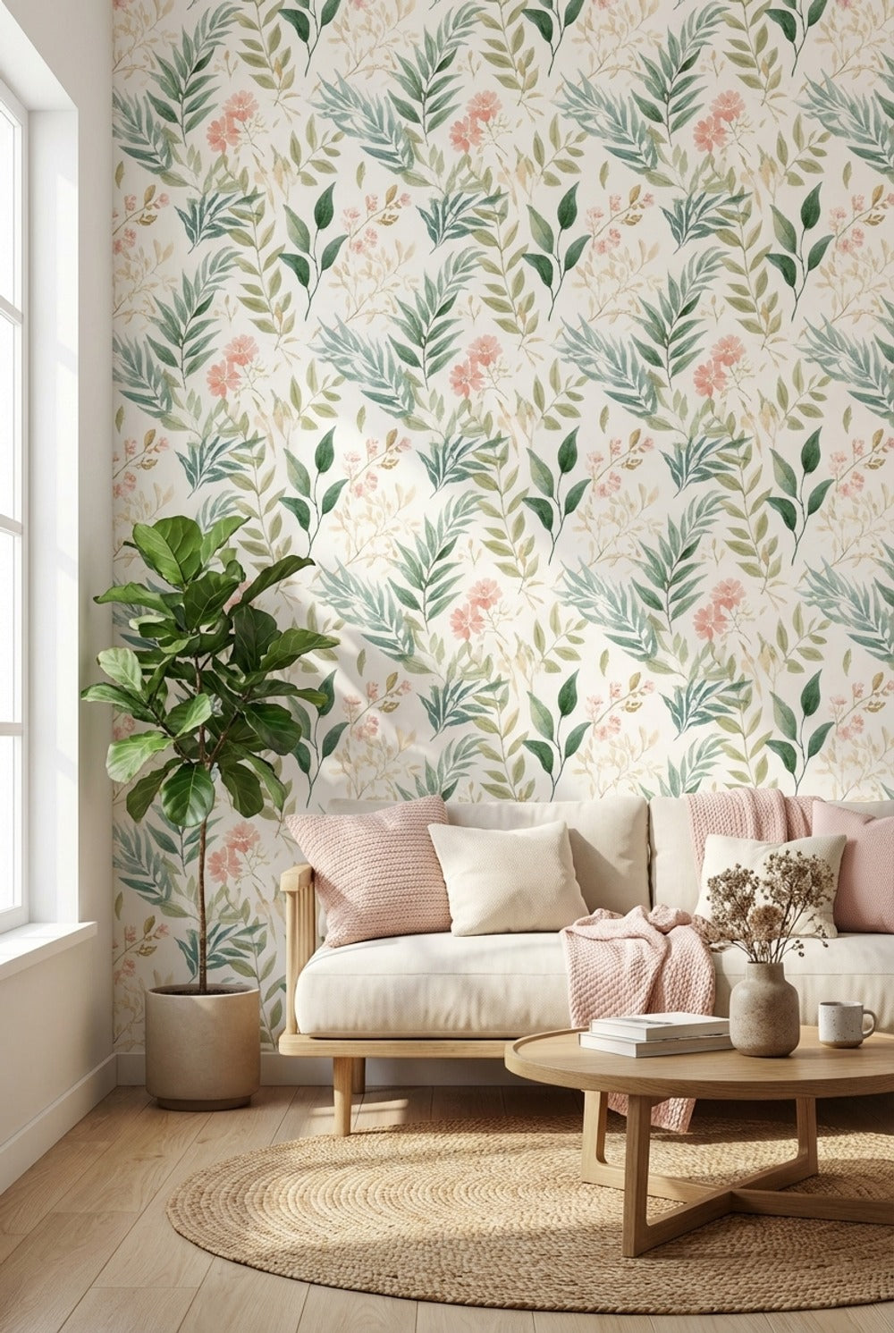 Cream and Green Watercolor Floral Botanical Wallpaper