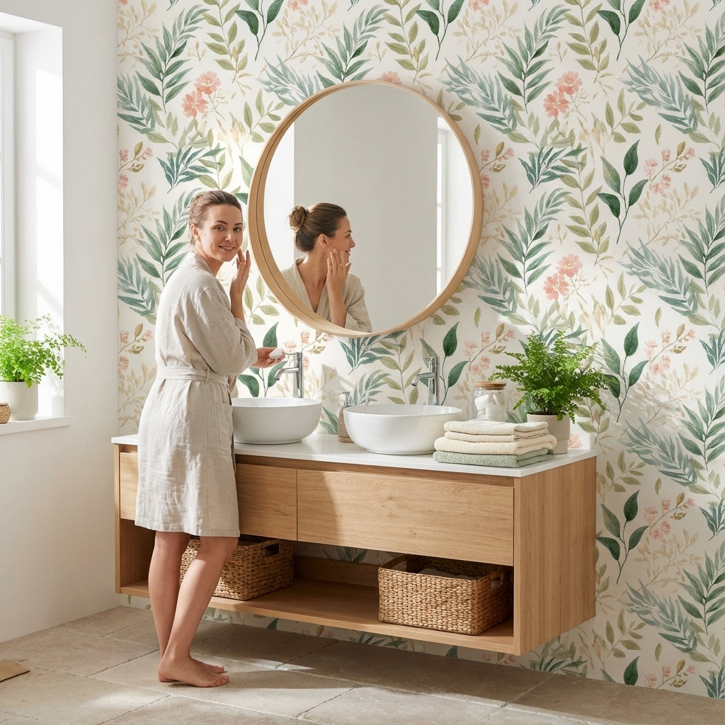 Cream and Green Watercolor Floral Botanical Wallpaper