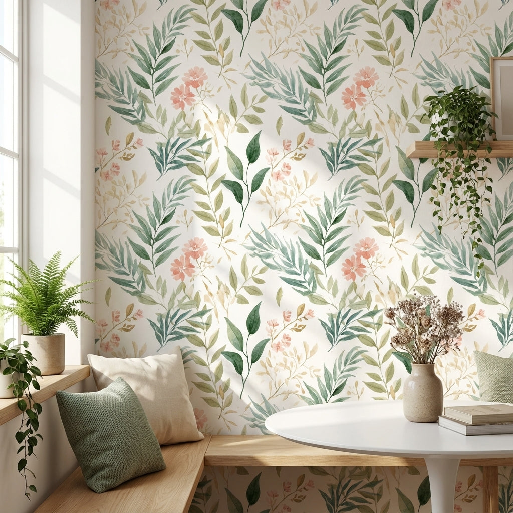 Cream and Green Watercolor Floral Botanical Wallpaper