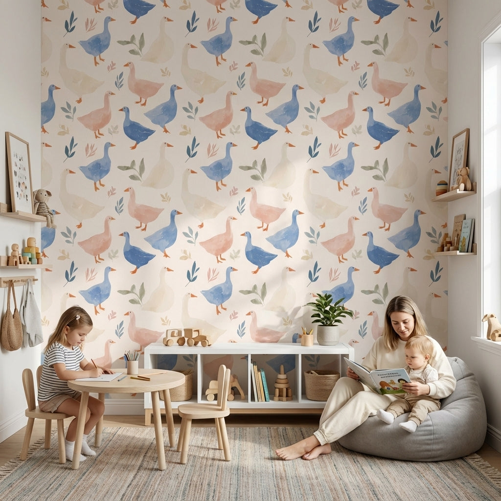 Cream Playful Ducks and Leaves Wallpaper