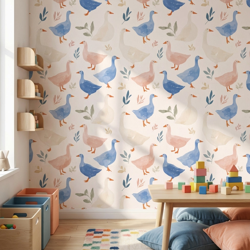 Cream Playful Ducks and Leaves Wallpaper