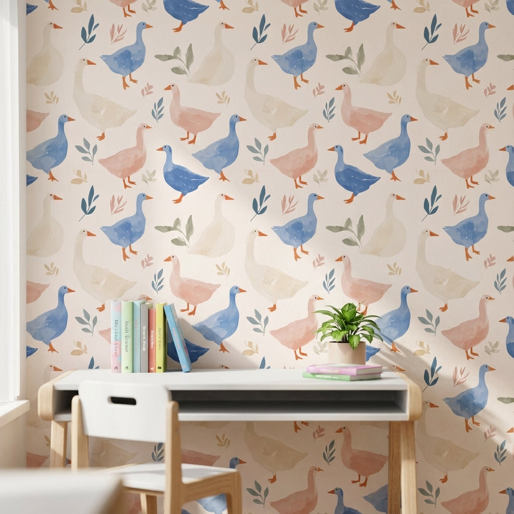 Cream Playful Ducks and Leaves Wallpaper