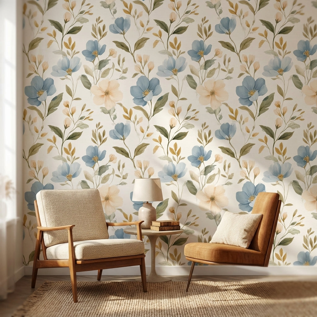 Cream and Blue Large Floral Pattern Wallpaper