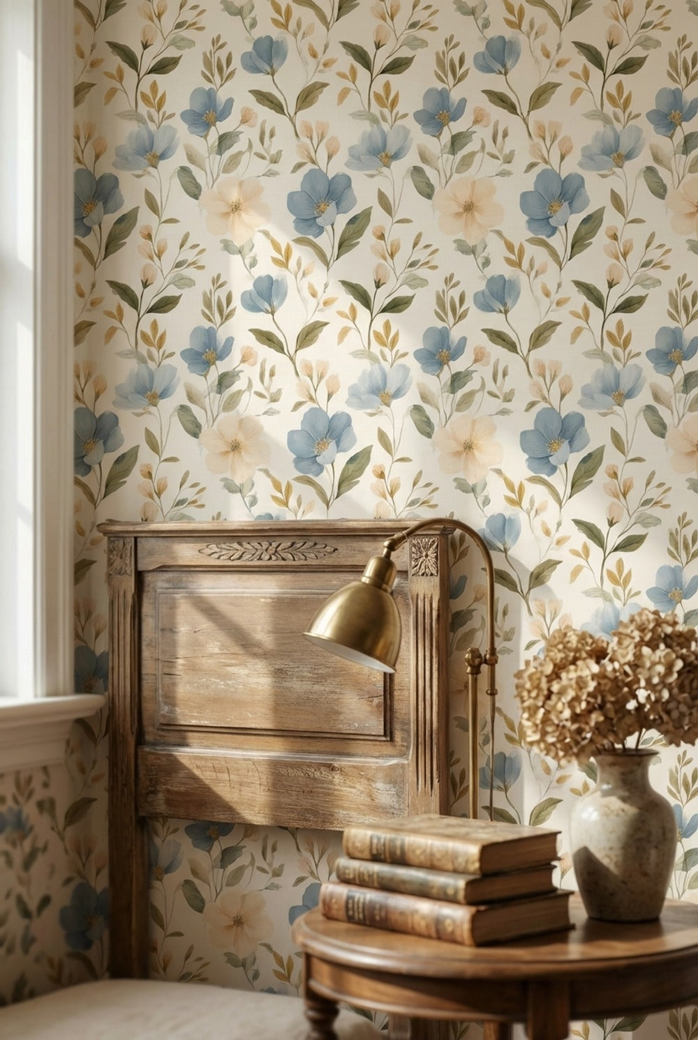 Cream and Blue Large Floral Pattern Wallpaper