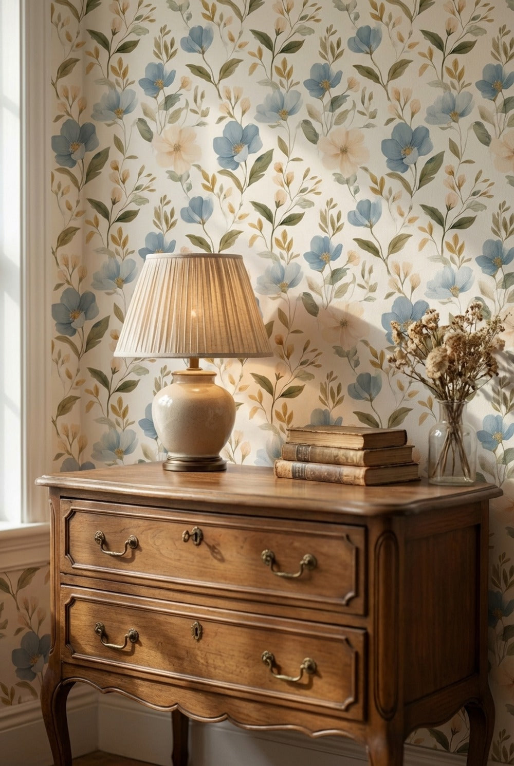 Cream and Blue Large Floral Pattern Wallpaper