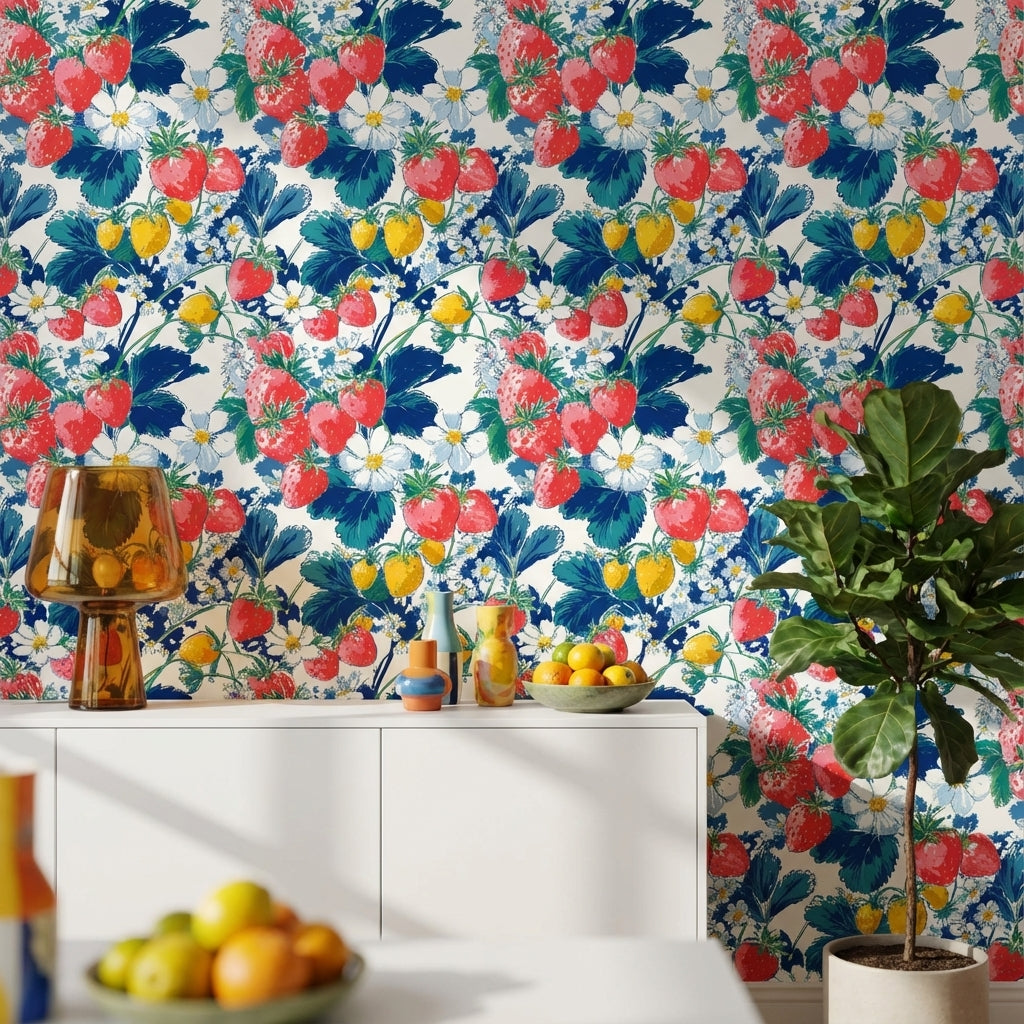 Vibrant Multicolor Strawberry Floral Wallpaper