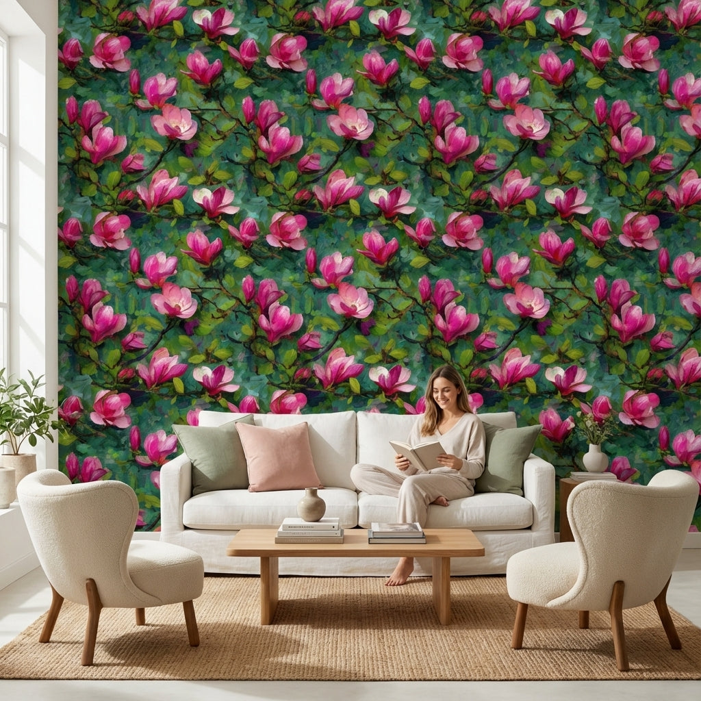 Vibrant Magenta Magnolia Floral Wallpaper