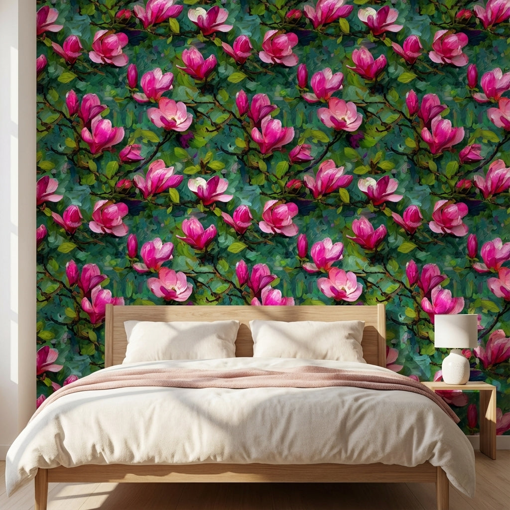 Vibrant Magenta Magnolia Floral Wallpaper