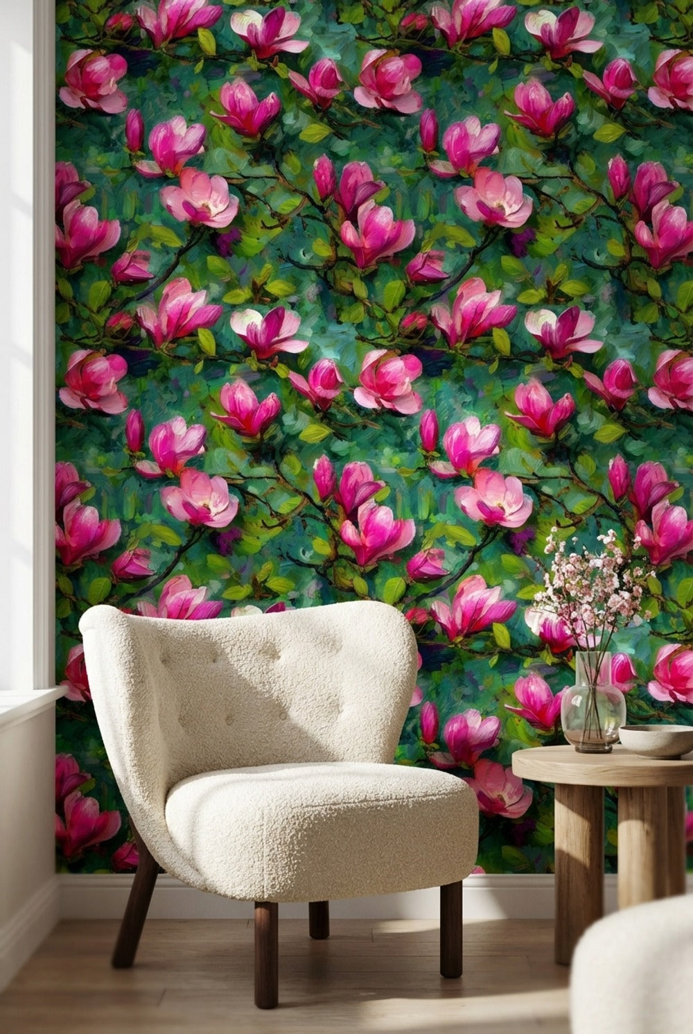 Vibrant Magenta Magnolia Floral Wallpaper
