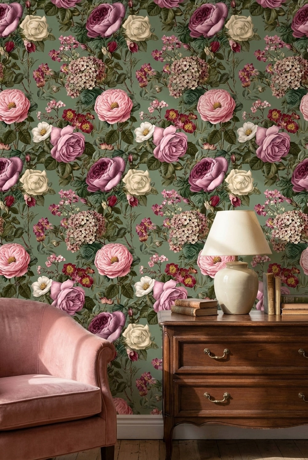 Vintage Green Multicolor Rose Floral Wallpaper