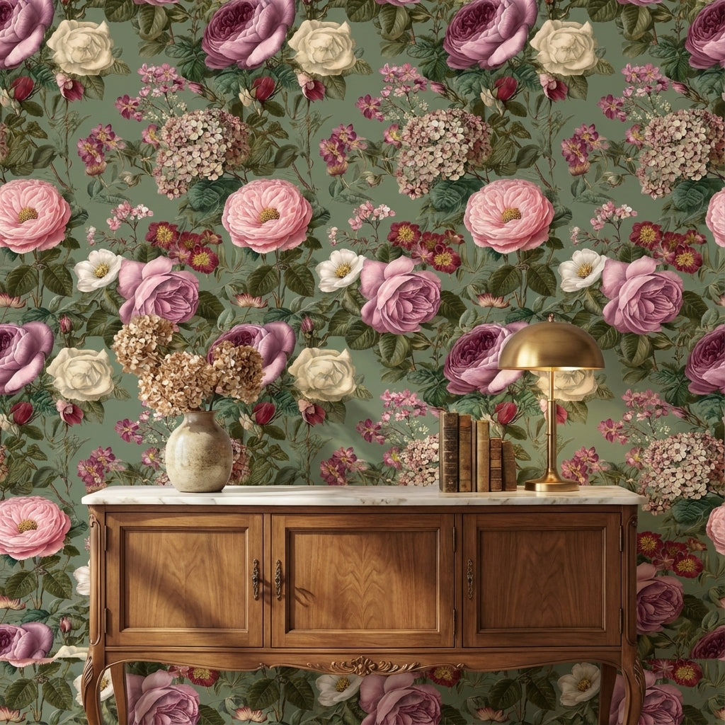 Vintage Green Multicolor Rose Floral Wallpaper