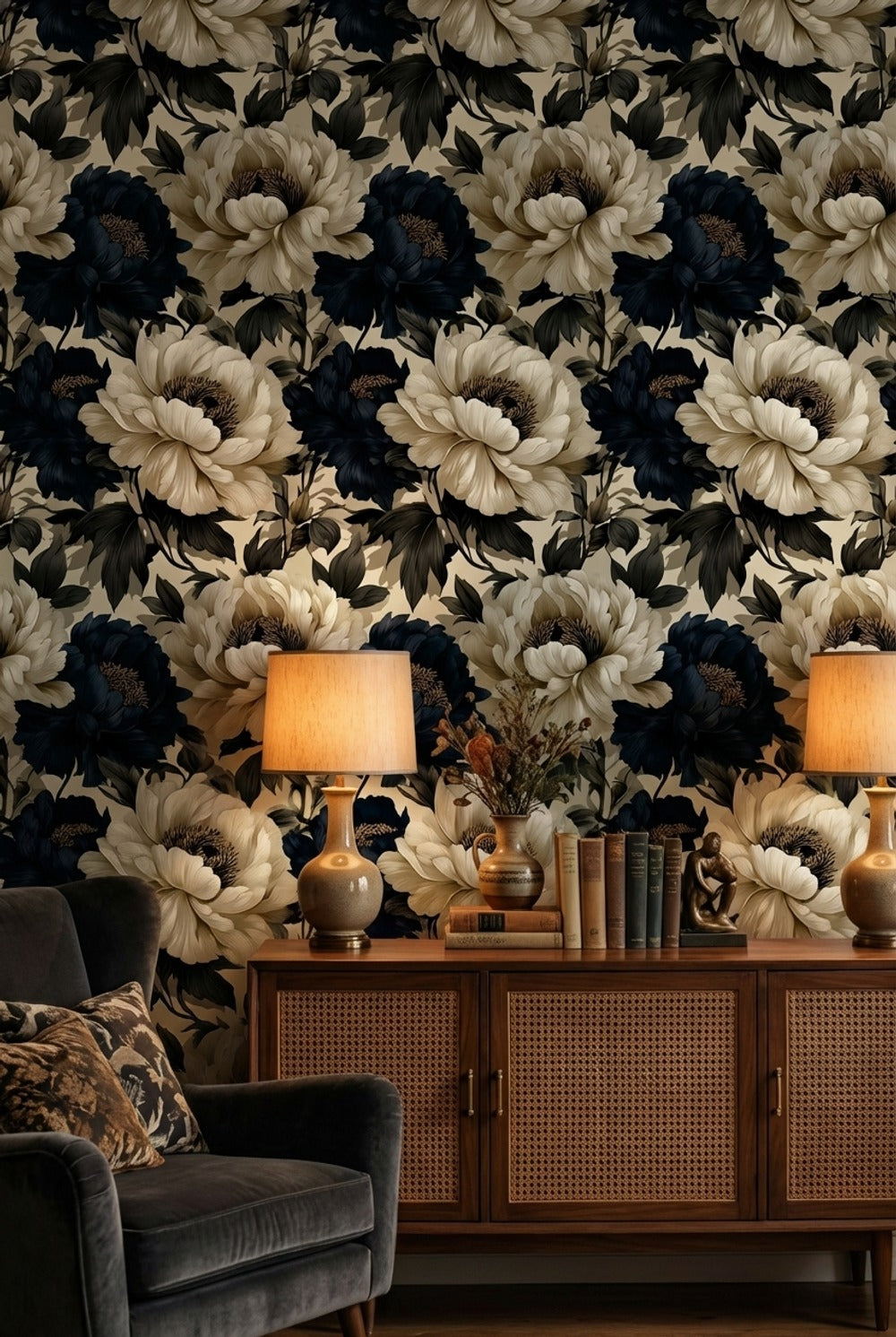 Elegant Cream and Black Peony Floral Wallpaper
