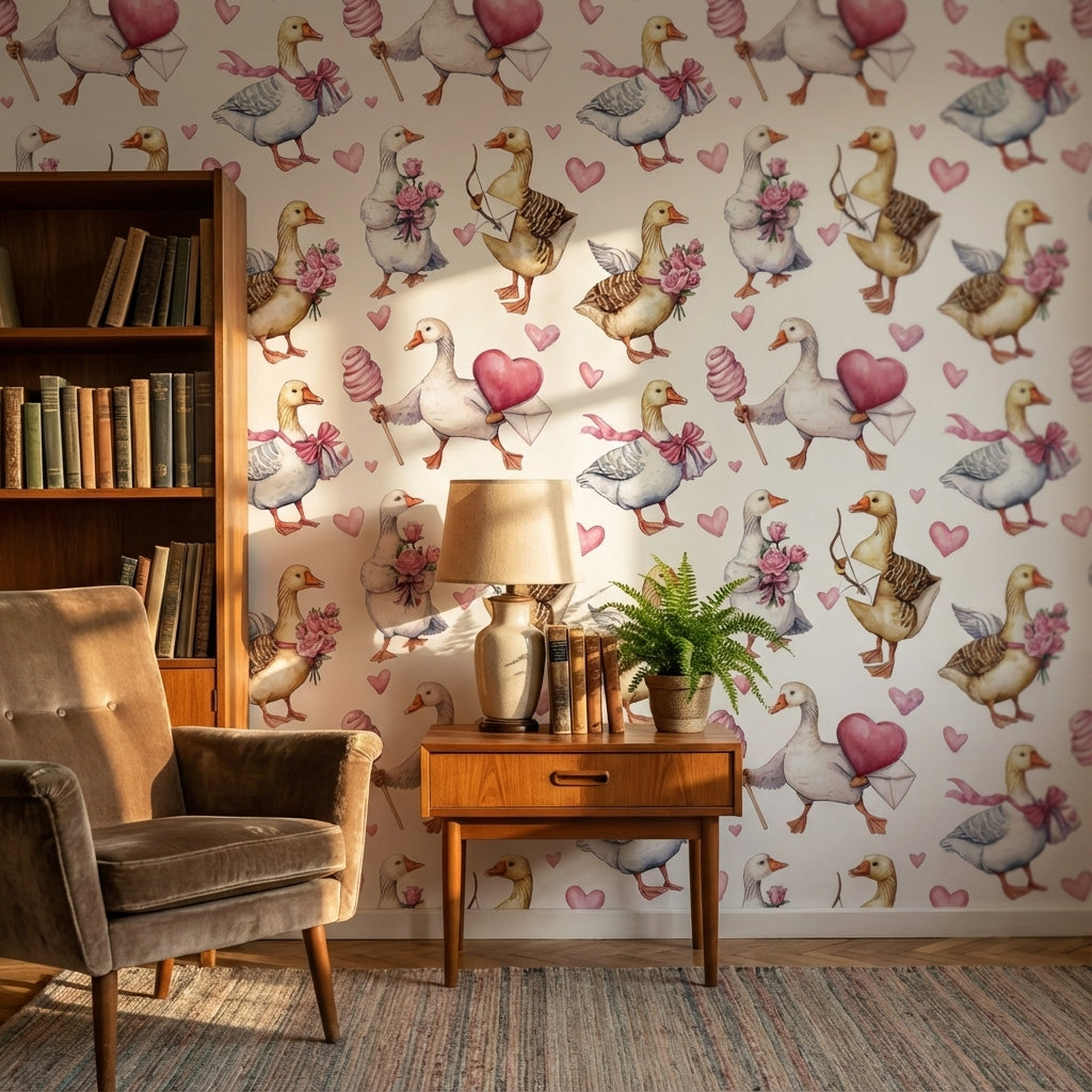 Cream Cute Birds and Heart Wallpaper