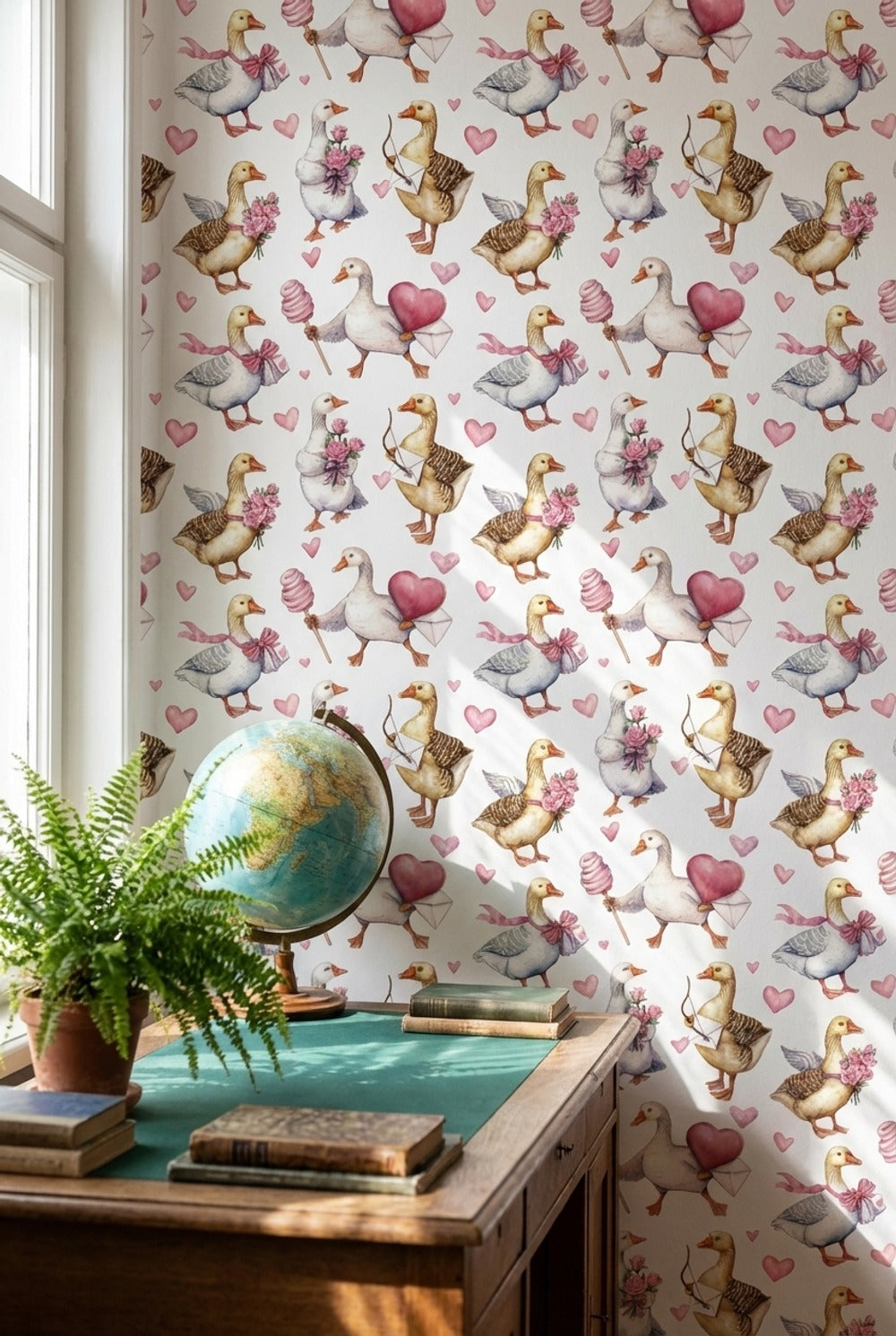 Cream Cute Birds and Heart Wallpaper