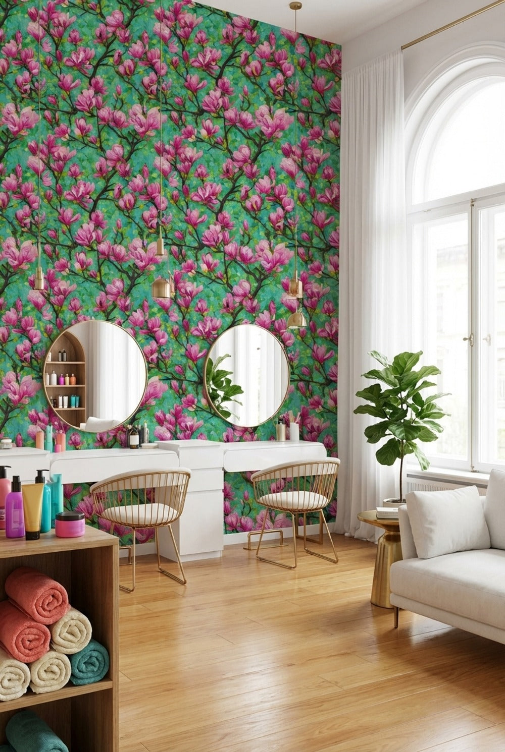 Vibrant Teal and Pink Cherry Blossom Wallpaper