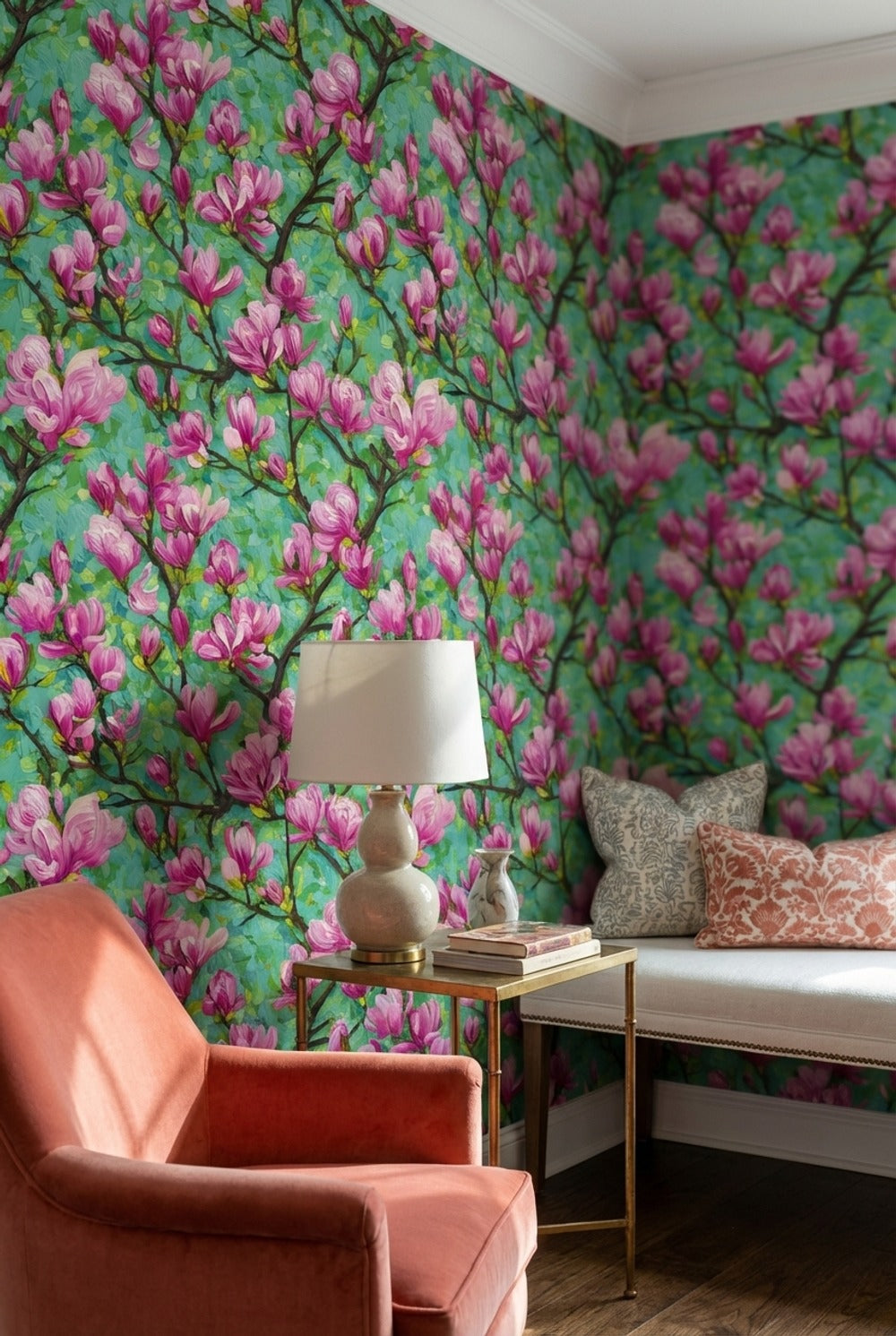 Vibrant Teal and Pink Cherry Blossom Wallpaper