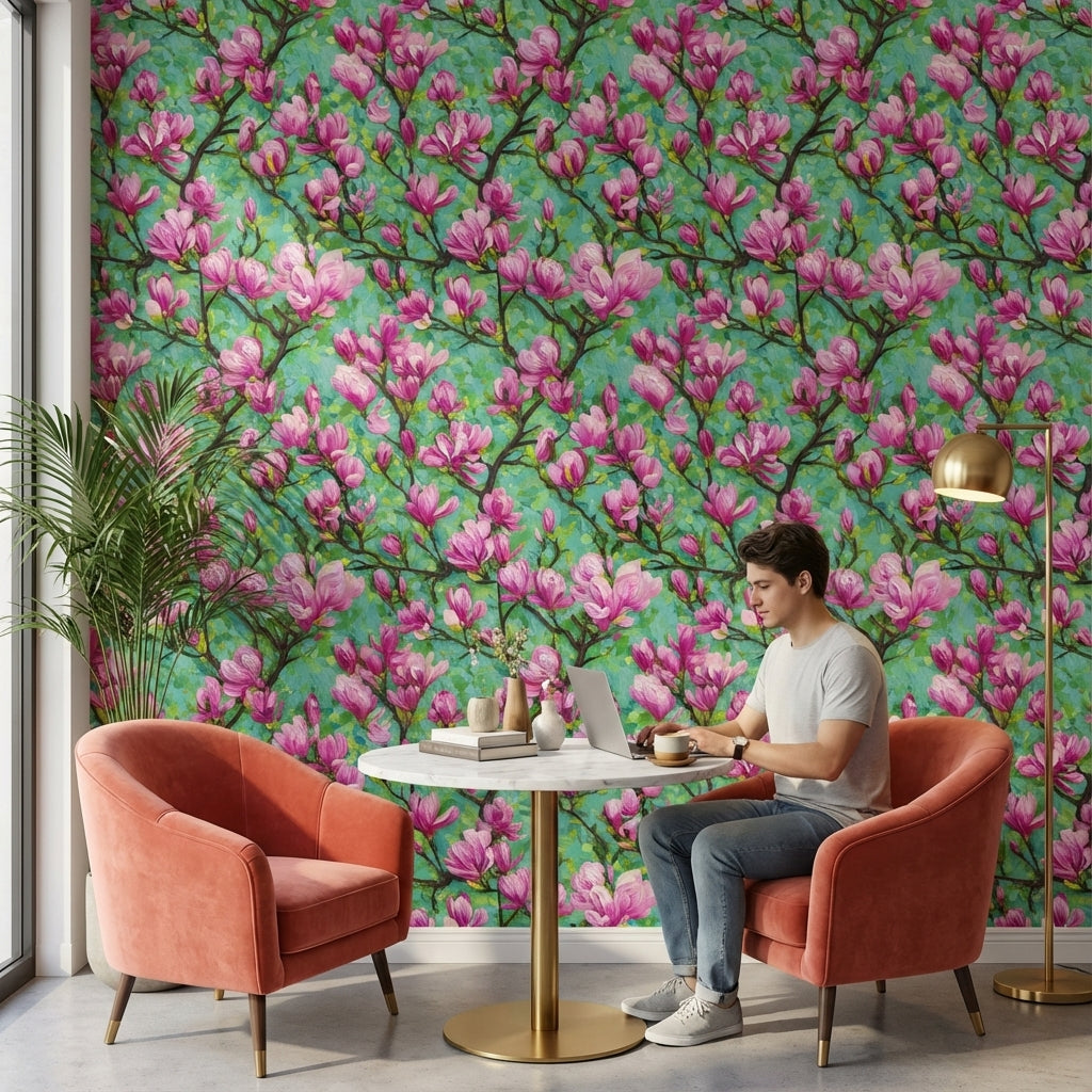 Vibrant Teal and Pink Cherry Blossom Wallpaper