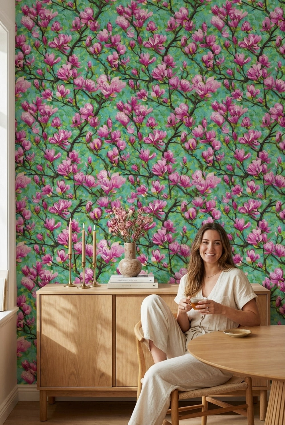 Vibrant Teal and Pink Cherry Blossom Wallpaper