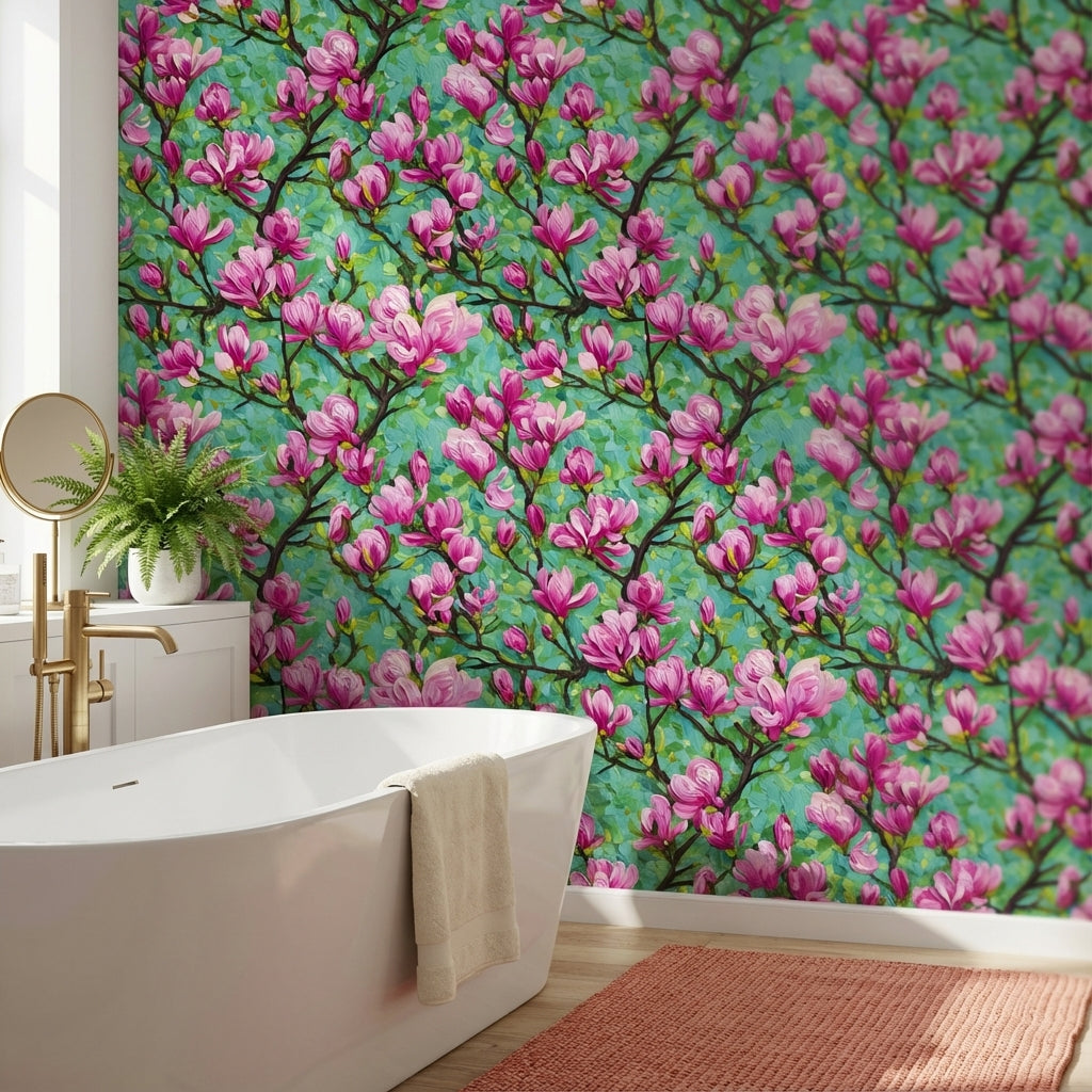 Vibrant Teal and Pink Cherry Blossom Wallpaper
