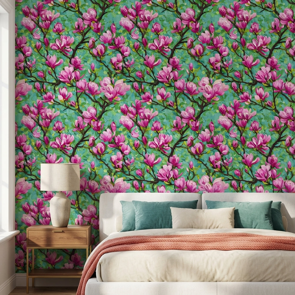 Vibrant Teal and Pink Cherry Blossom Wallpaper