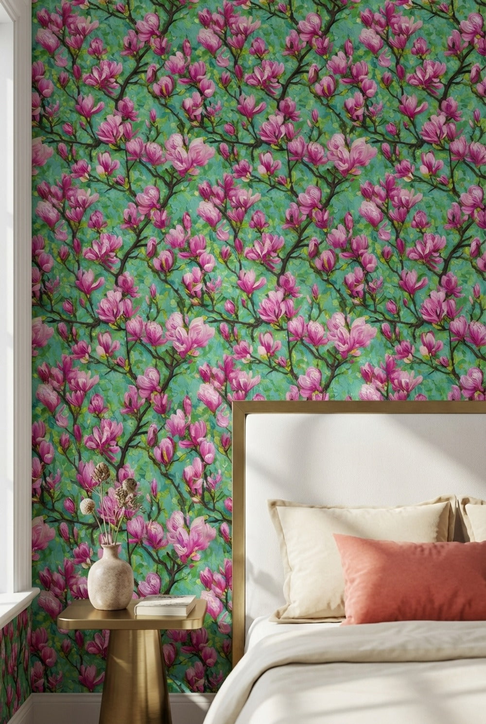 Vibrant Teal and Pink Cherry Blossom Wallpaper