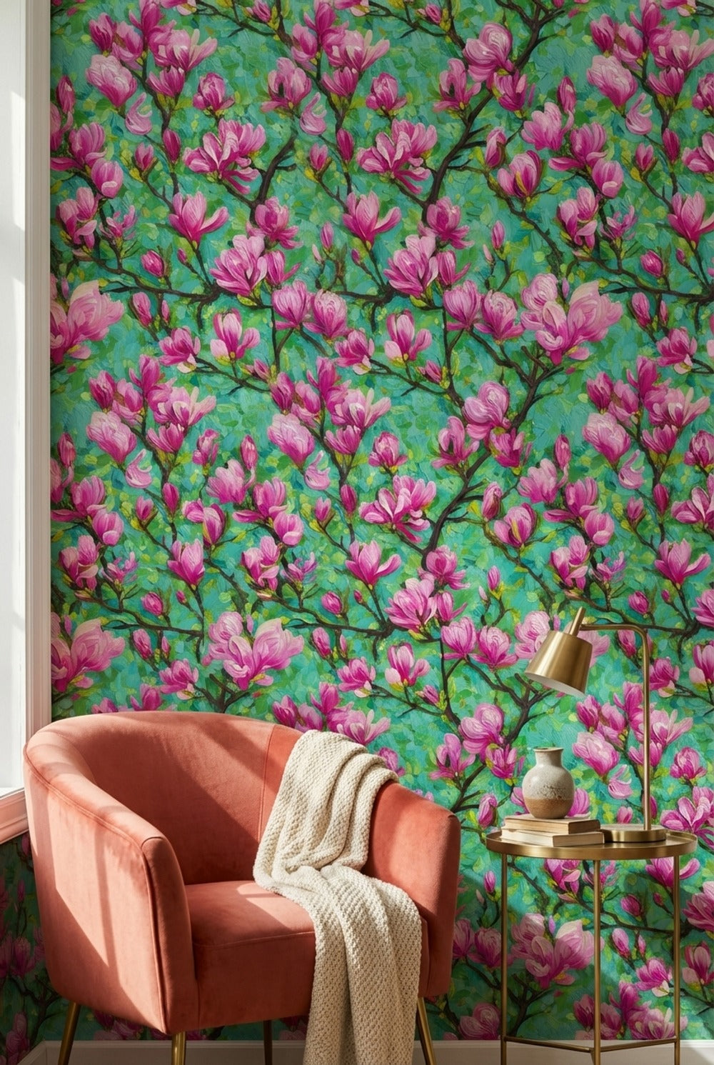 Vibrant Teal and Pink Cherry Blossom Wallpaper