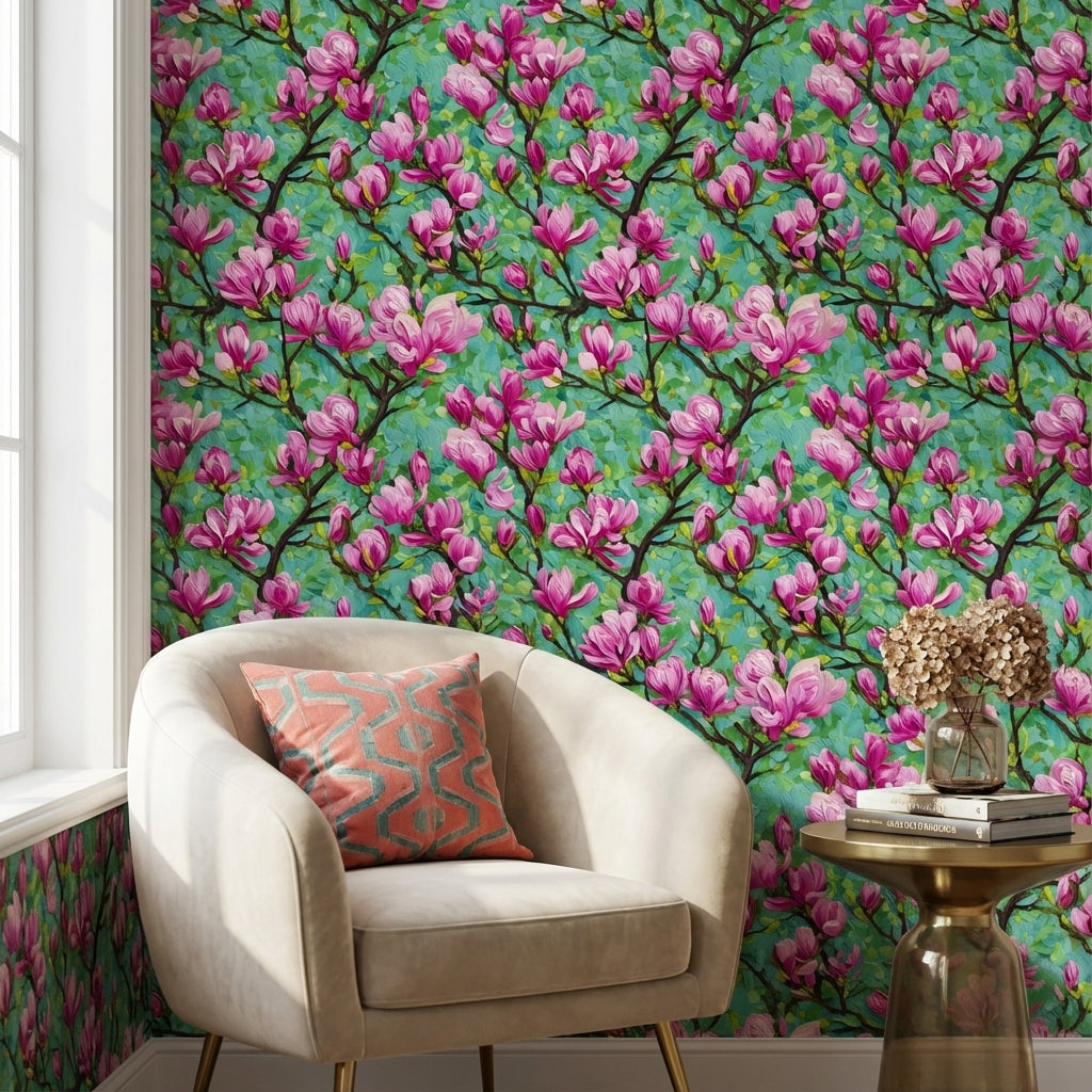 Vibrant Teal and Pink Cherry Blossom Wallpaper