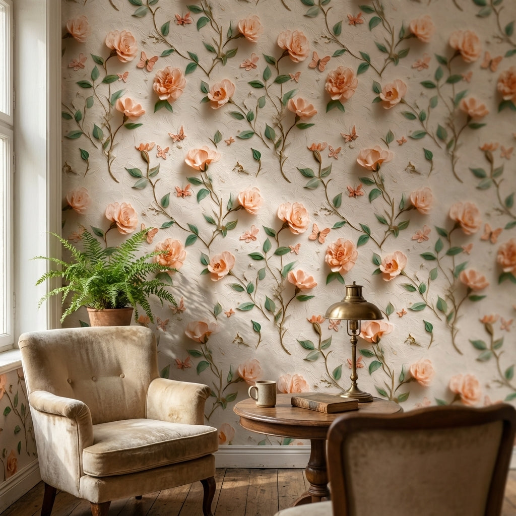 Peach Rose and Butterfly Floral Wallpaper