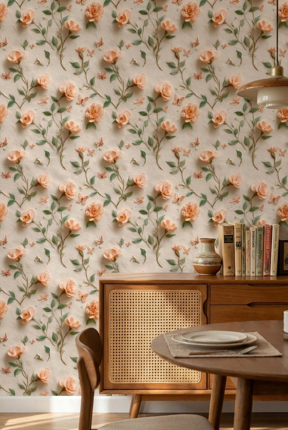 Peach Rose and Butterfly Floral Wallpaper