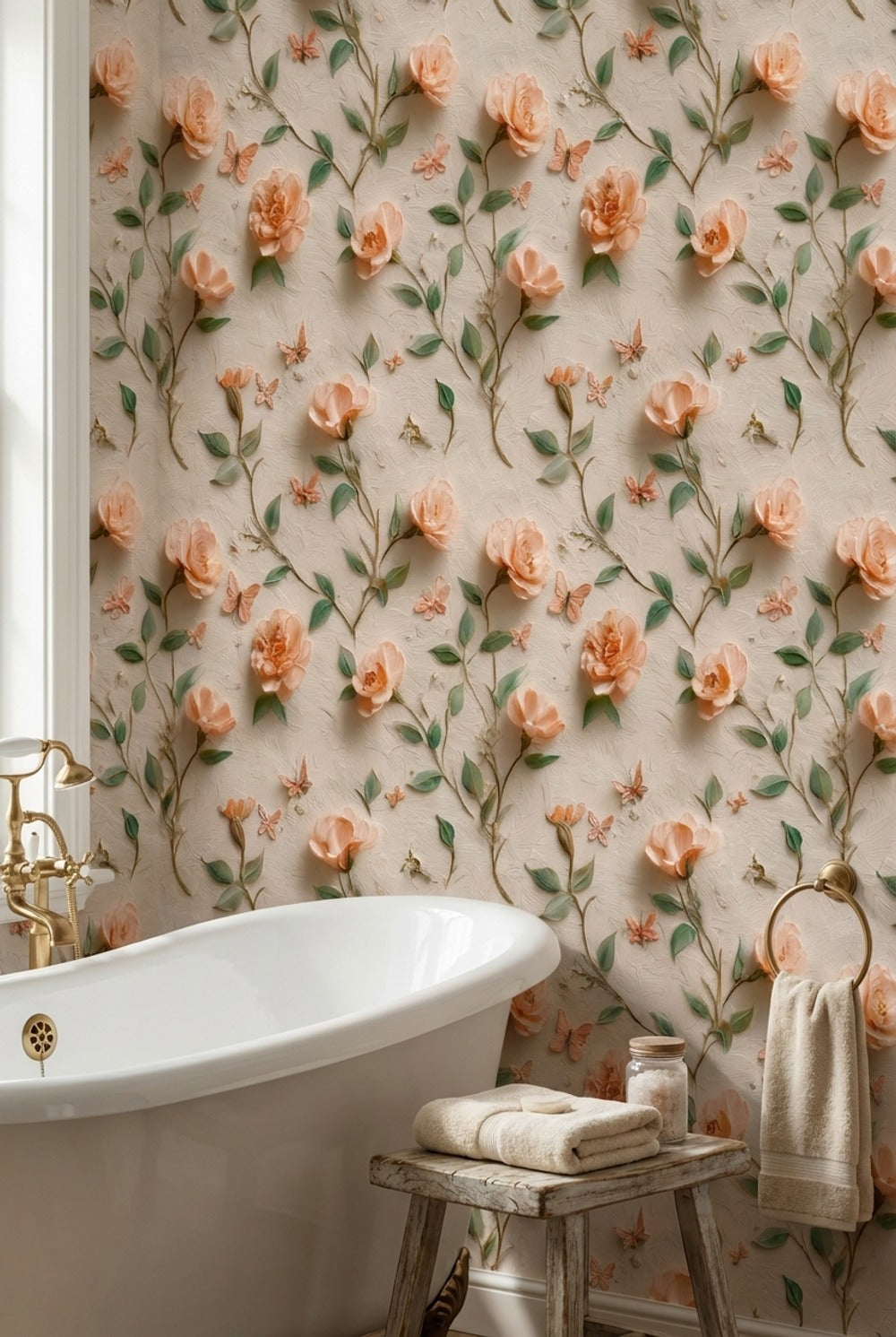 Peach Rose and Butterfly Floral Wallpaper