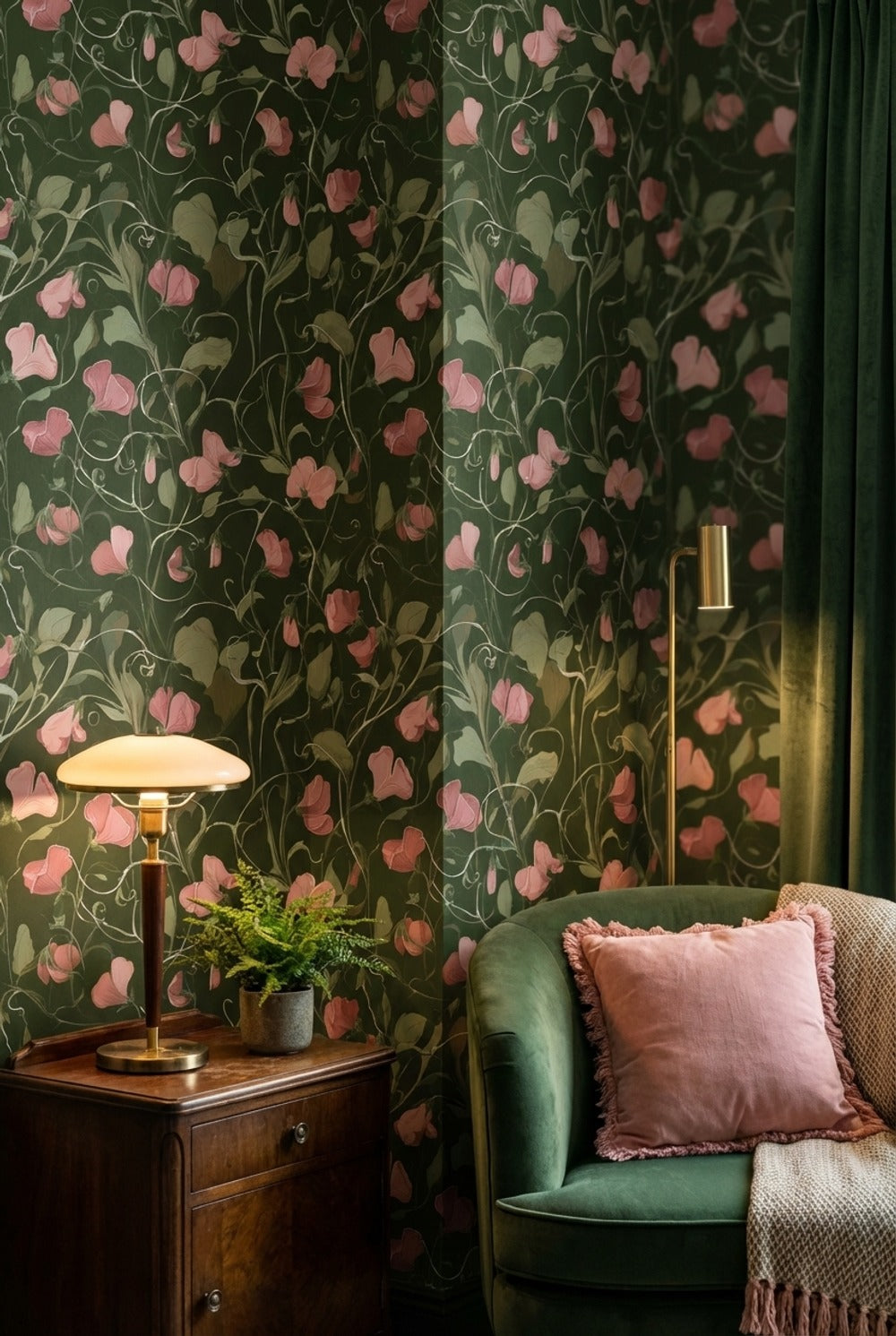 Dark Forest Green Wildflower Botanical Wallpaper