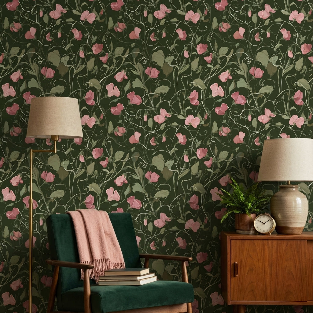 Dark Forest Green Wildflower Botanical Wallpaper