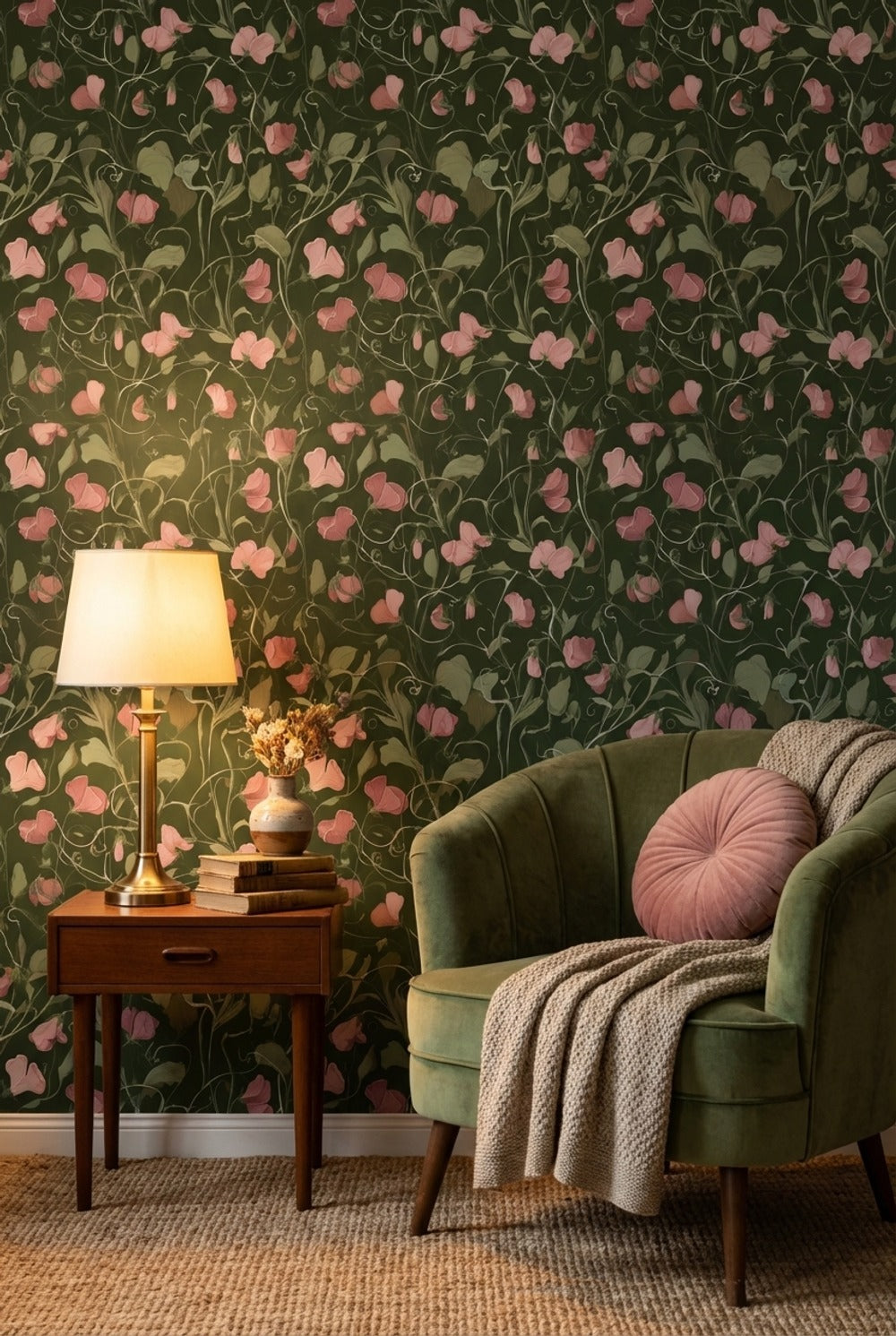 Dark Forest Green Wildflower Botanical Wallpaper