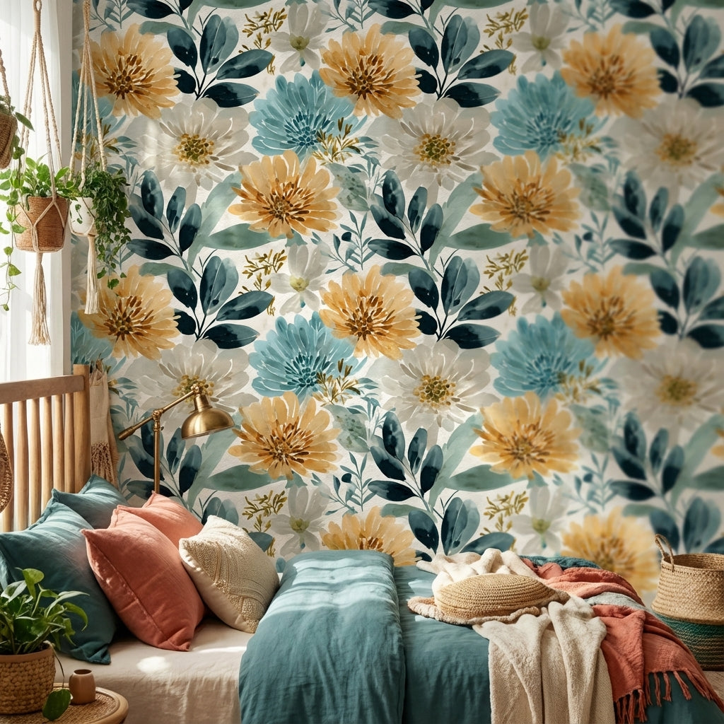 Soft Cream and Yellow Large Floral Wallpaper