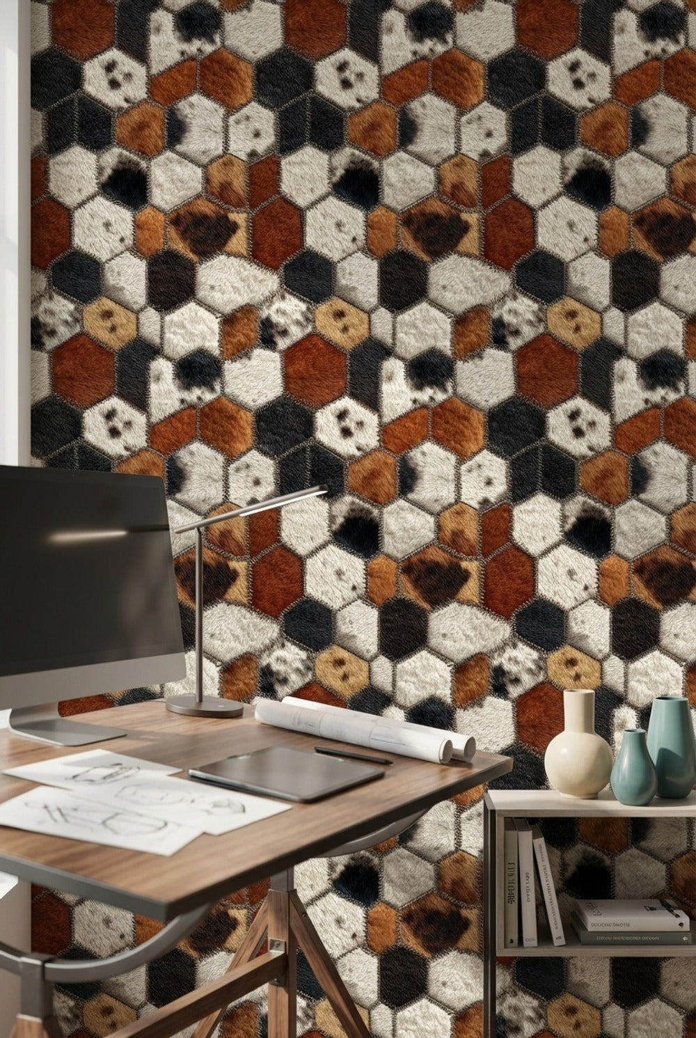 Textured Gray and Brown Hexagonal Geometric Wallpaper