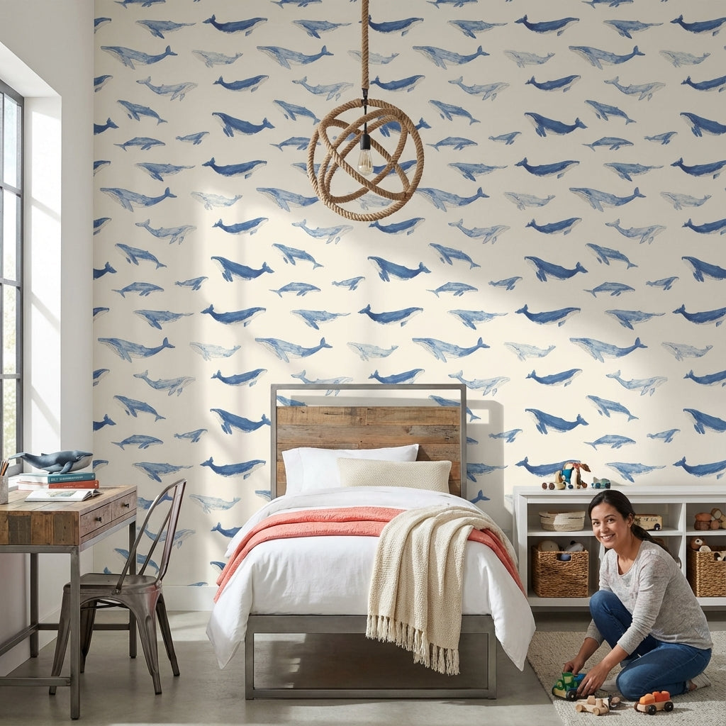 Cream and Blue Whale Watercolor Wallpaper