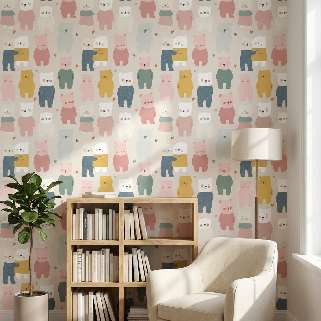 Cream Multicolor Playful Bear Kids Wallpaper