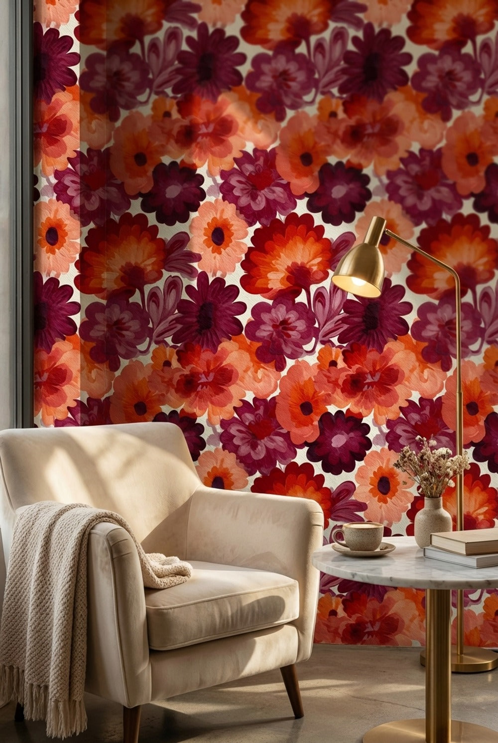 Bold Orange and Burgundy Floral Pattern Wallpaper