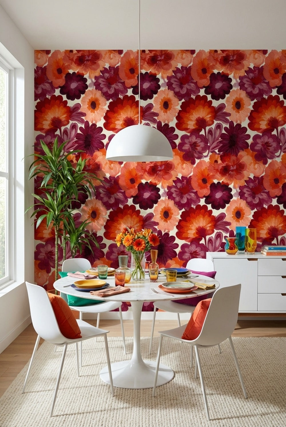 Bold Orange and Burgundy Floral Pattern Wallpaper