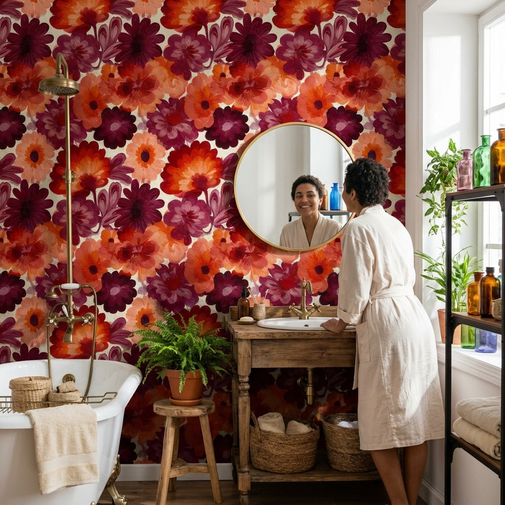 Bold Orange and Burgundy Floral Pattern Wallpaper