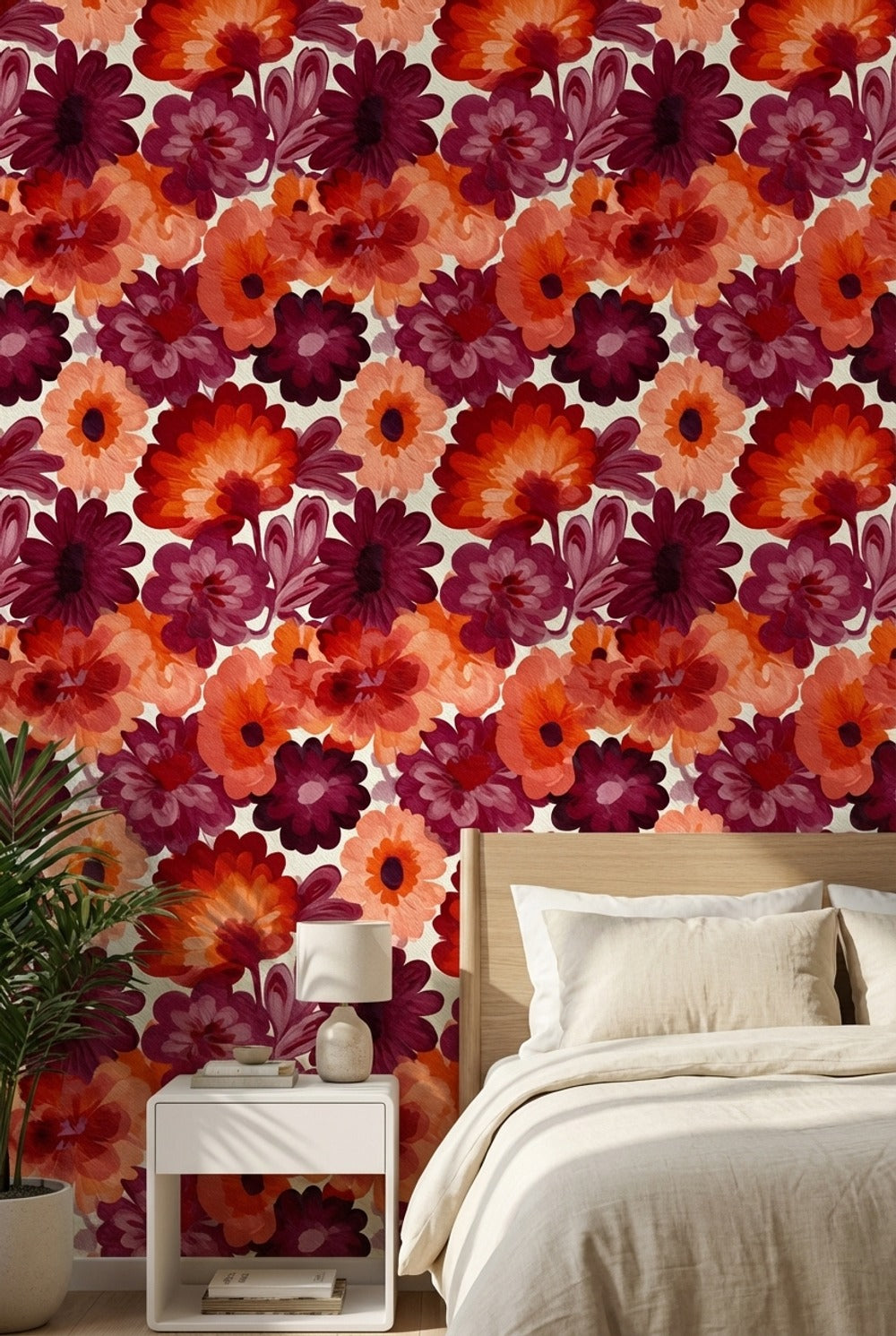 Bold Orange and Burgundy Floral Pattern Wallpaper