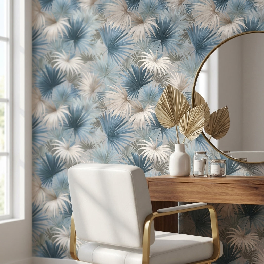 Soft Blue and Cream Palm Leaf Botanical Wallpaper